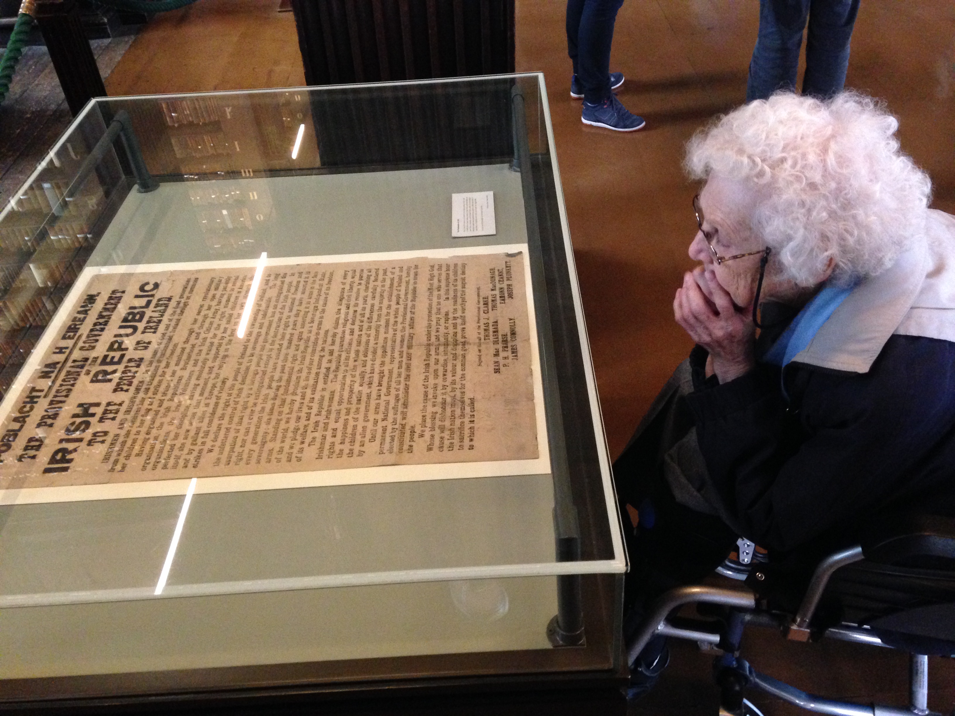 Roberta, savoring the thought of Irish independence. Looking at the 100-year-old Proclamation in the Trinity College library. Photo by Sara Burrus.